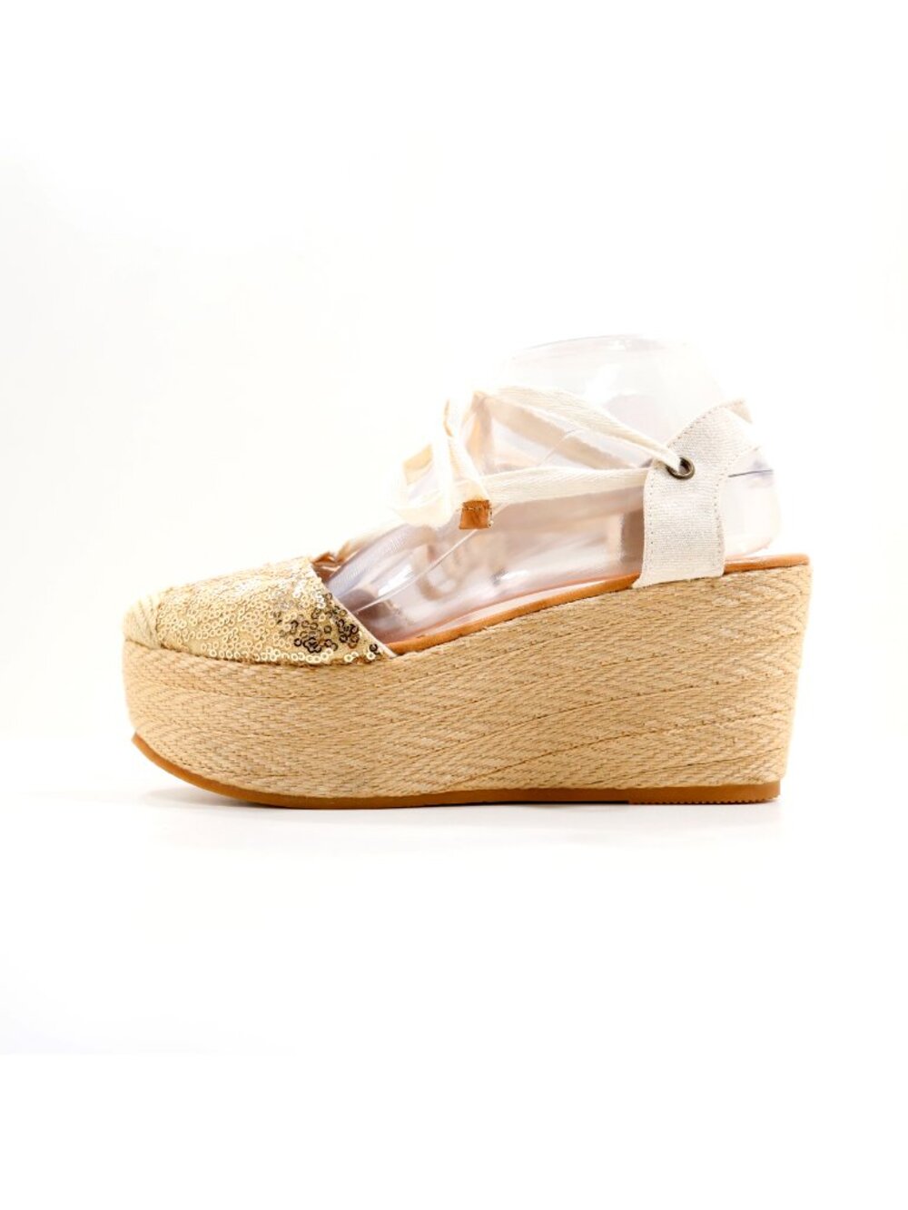 Silvia Cobos Handmade Gold Sequin Ankle Wrap 3" Platform Espadrilles - 9
